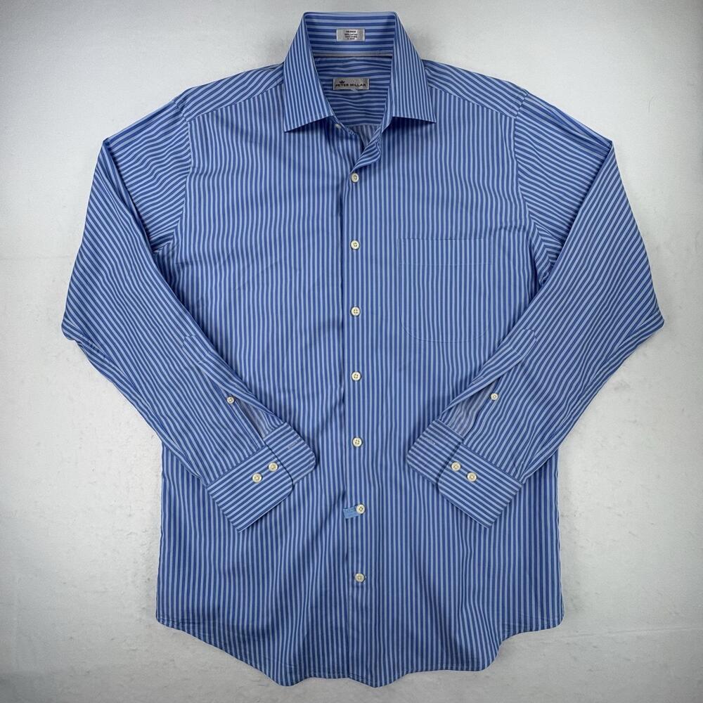 Peter Millar Dress Shirt Mens Medium Blue Striped Cotton Classic Fit Long Sleeve
